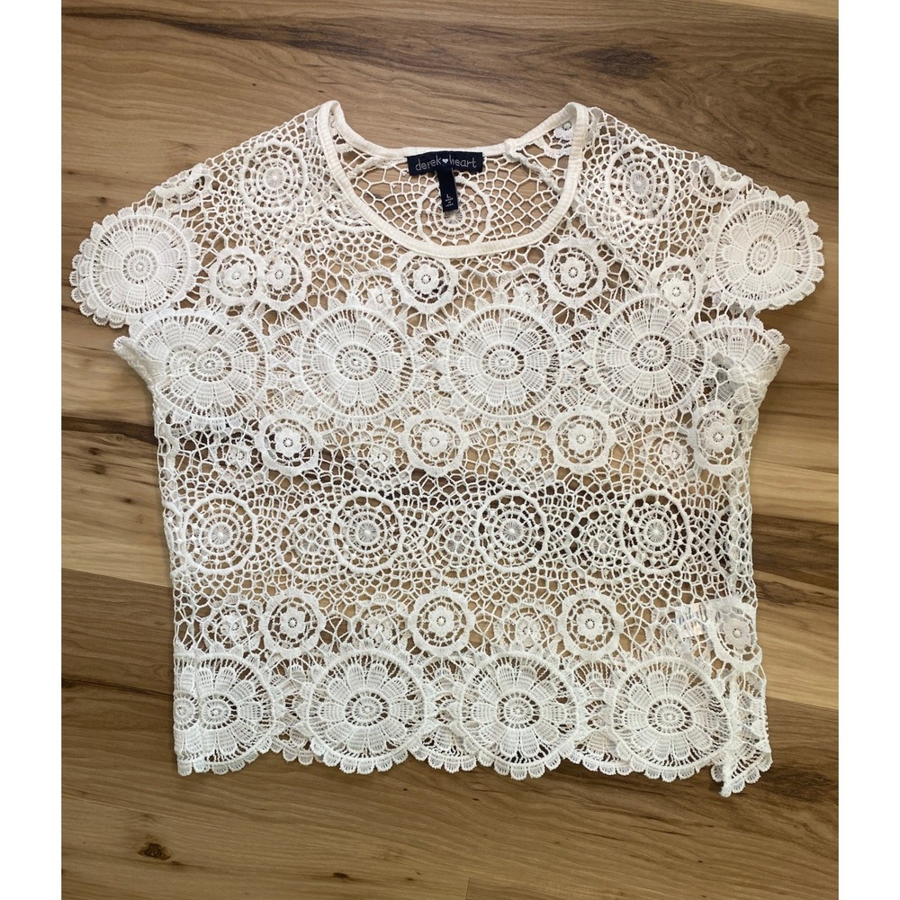 Derek Heart White Crochet Lace Floral Medallion Boho Short Sleeve‎ Top Large Y2K